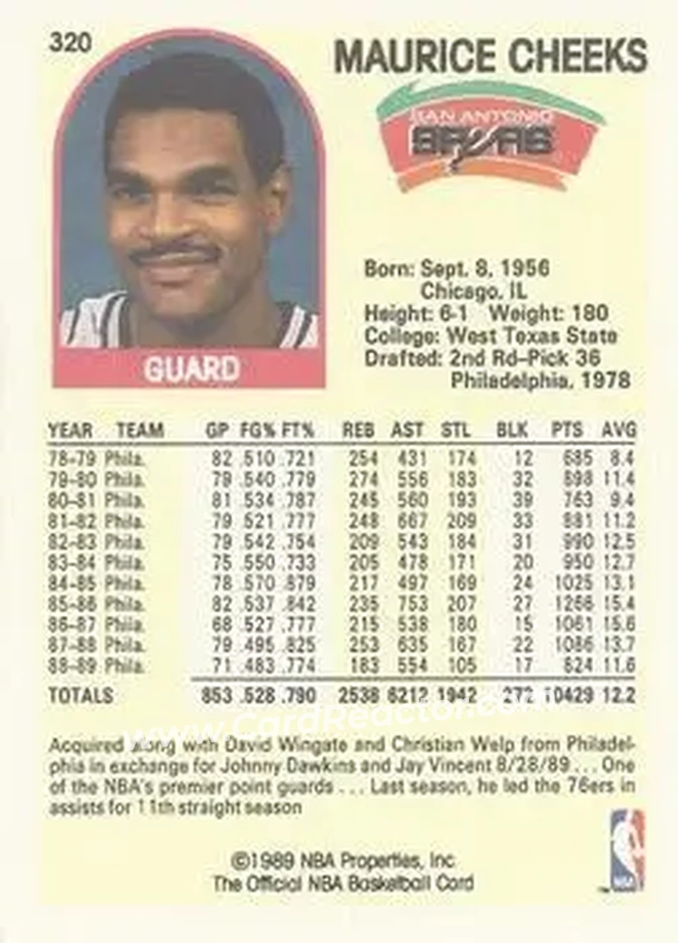 1989-90 Hoops #320 - Maurice Cheeks - San Antonio Spurs - Back