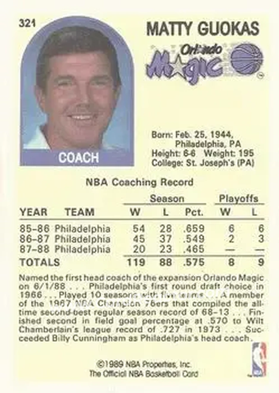1989-90 Hoops #321 - Matt Guokas - Orlando Magic - Back