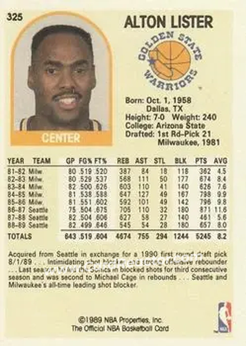 1989-90 Hoops #325 - Alton Lister - Golden State Warriors - Back