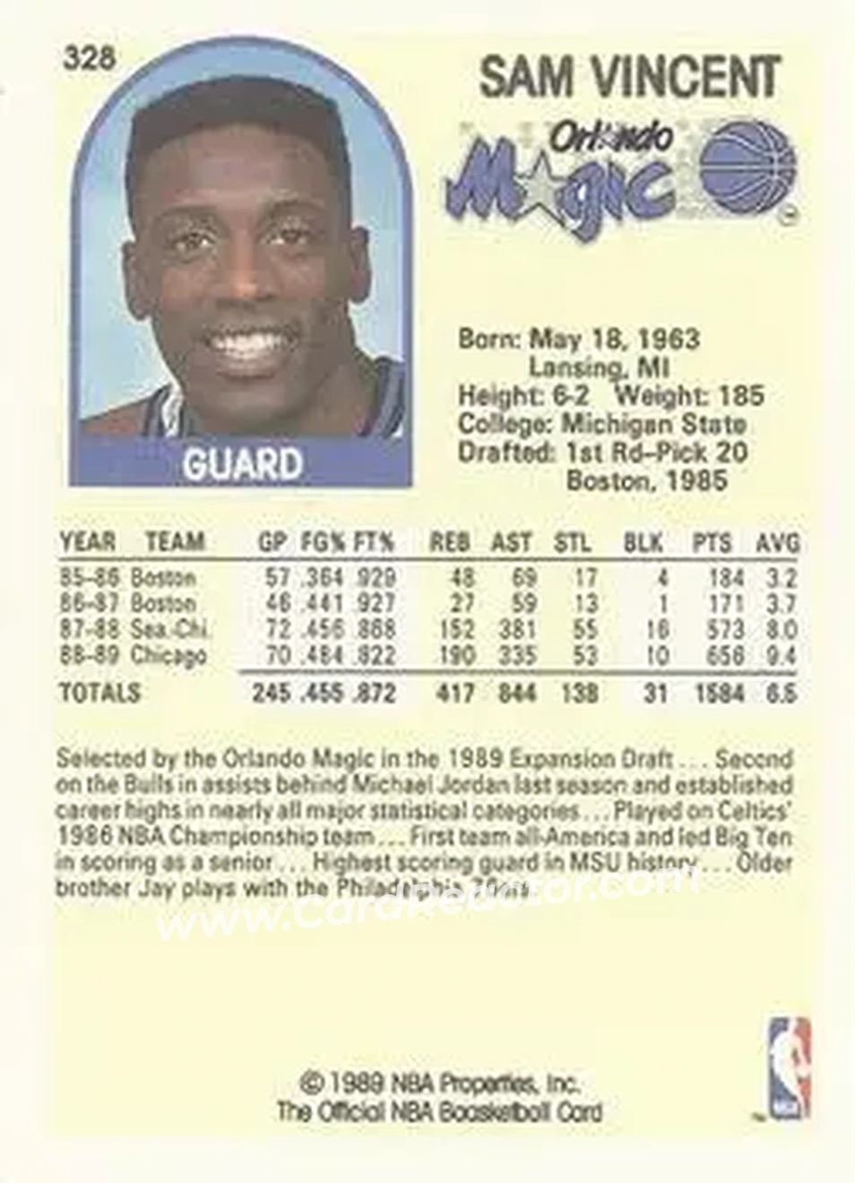 1989-90 Hoops #328 - Sam Vincent - Orlando Magic - Back