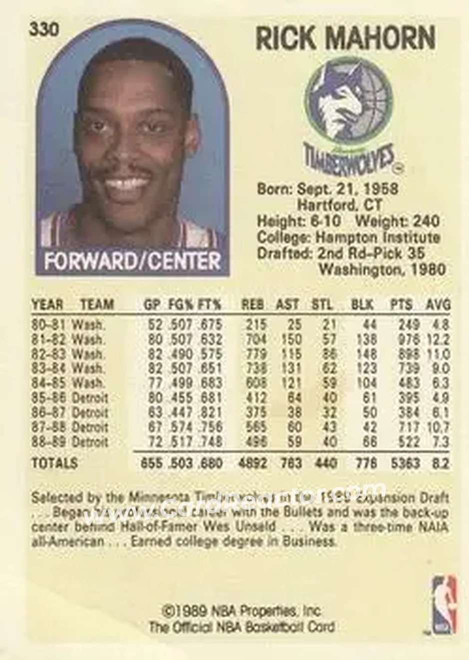 1989-90 Hoops #330 - Rick Mahorn - Minnesota Timberwolves - Back