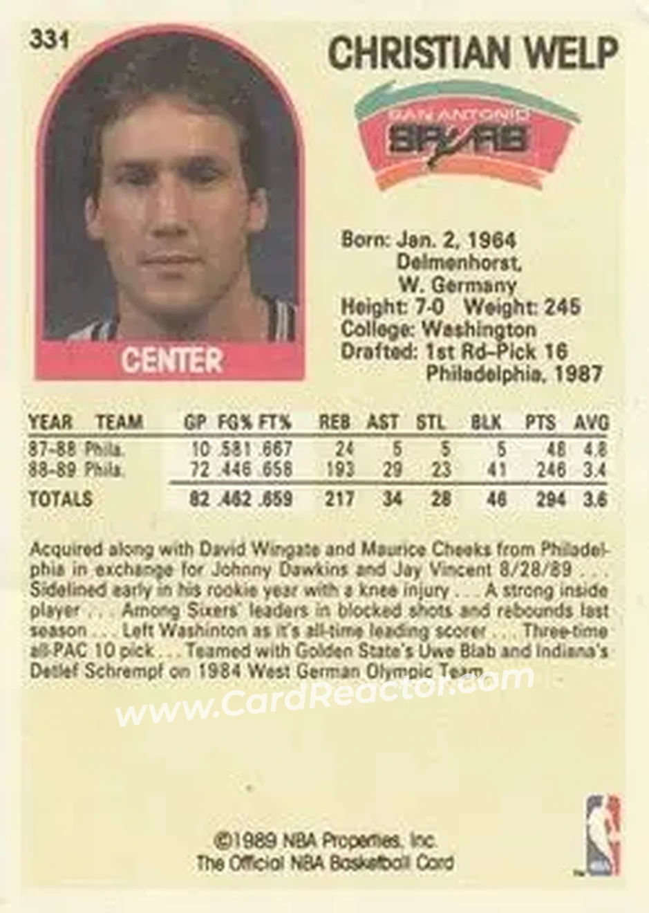 1989-90 Hoops #331 - Chris Welp - San Antonio Spurs - Back