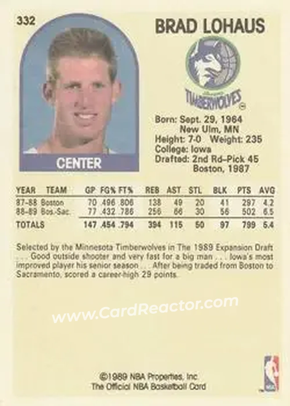 1989-90 Hoops #332 - Brad Lohaus - Minnesota Timberwolves - Back