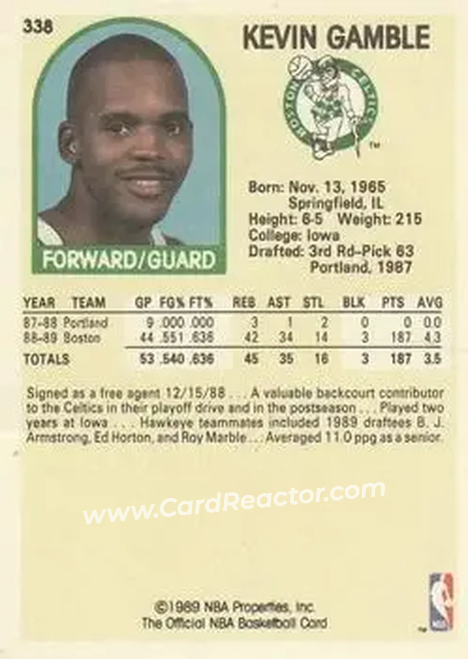 1989-90 Hoops #338 - Kevin Gamble - Boston Celtics - Back