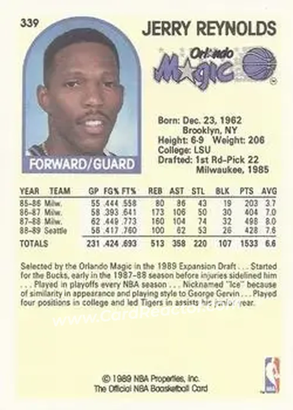 1989-90 Hoops #339 - Jerry Reynolds - Orlando Magic - Back 1989-90 Hoops #339 - Jerry Reynolds - Orlando Magic - Back