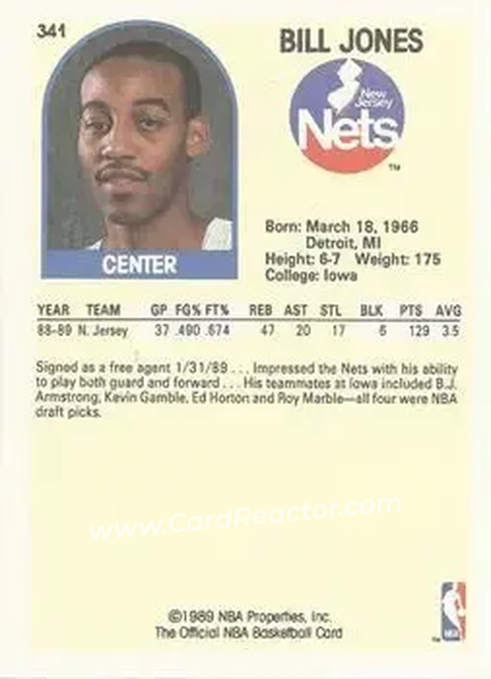 1989-90 Hoops #341 - Bill Jones - New Jersey Nets - Back