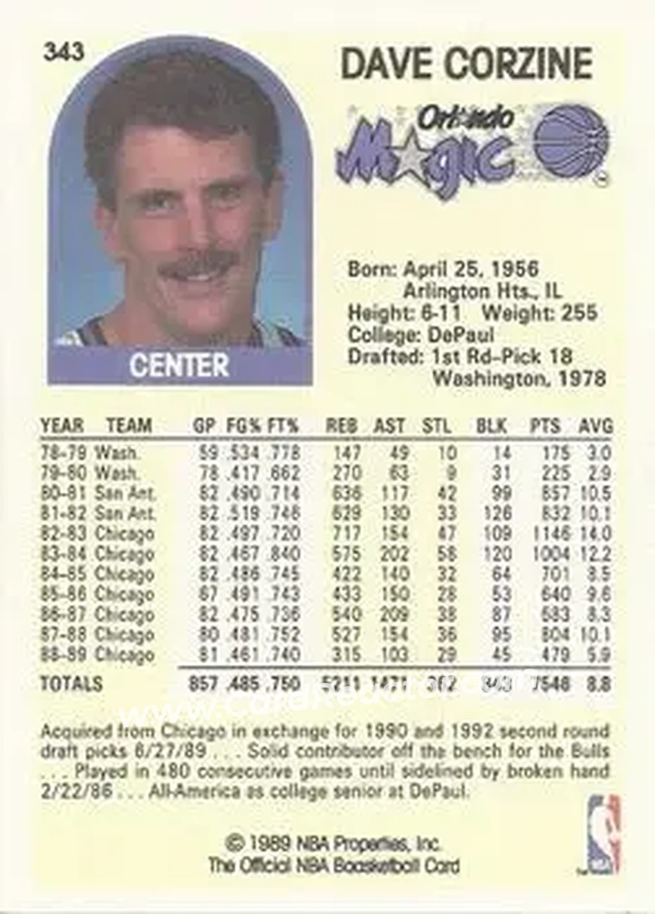 1989-90 Hoops #343 - Dave Corzine - Orlando Magic - Back