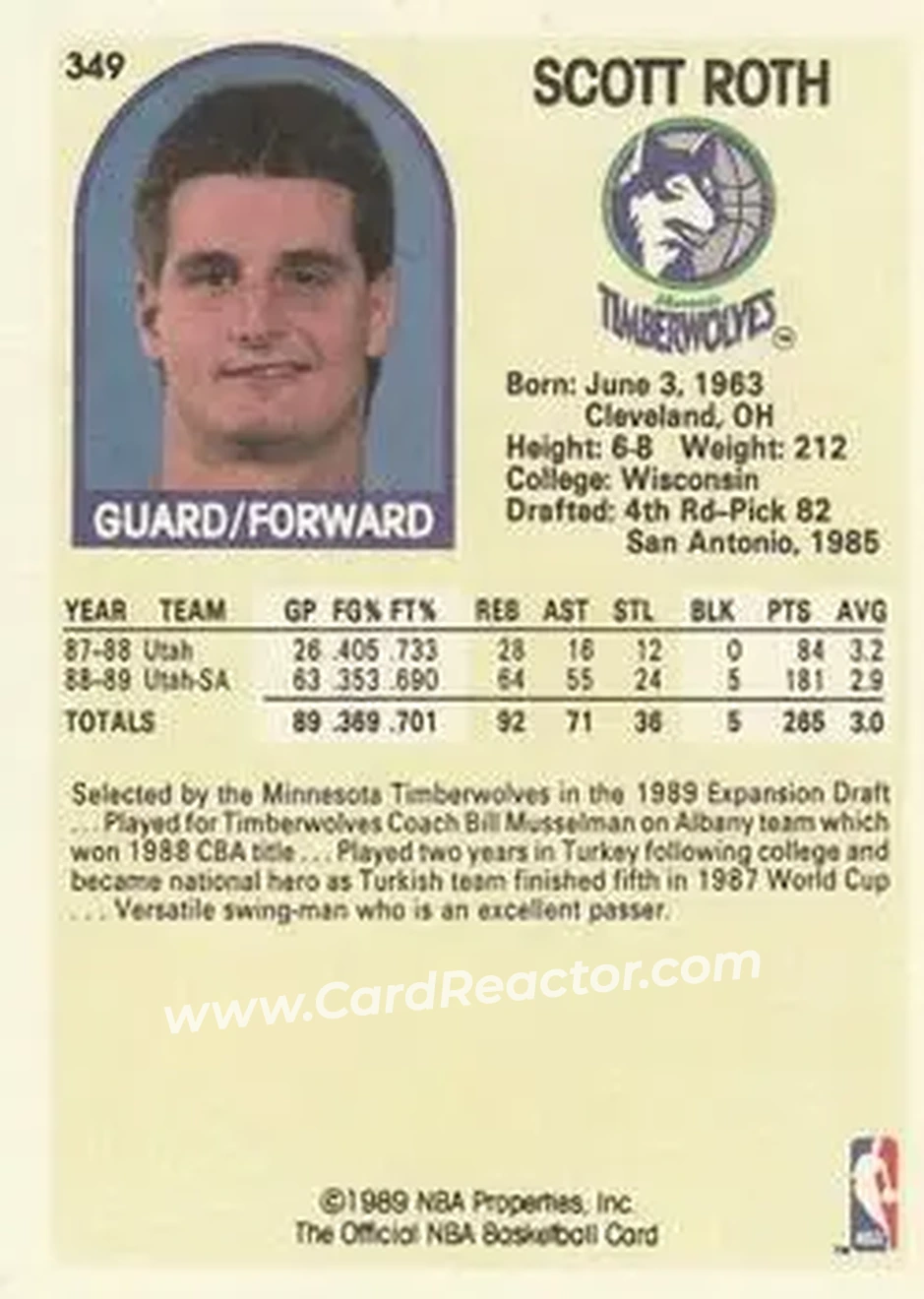 1989-90 Hoops #349 - Scott Roth - Minnesota Timberwolves - Back
