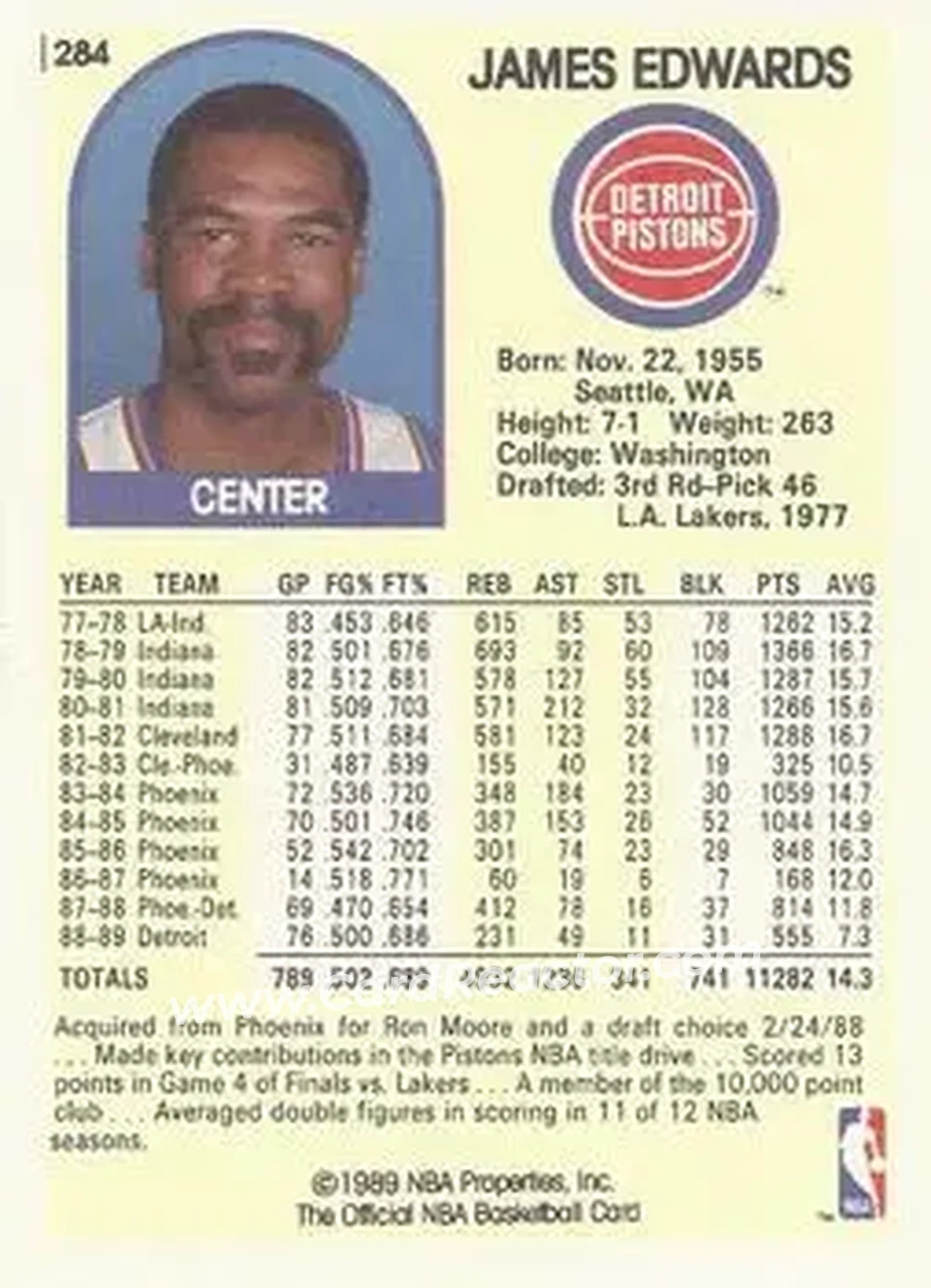 1989-90 Hoops #284 - James Edwards - Detroit Pistons - Back