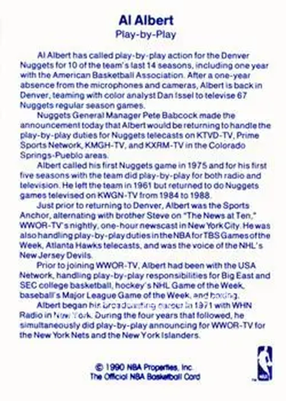 1989-90 Hoops - Announcers #NNO - Al Albert - Denver Nuggets - Back 1989-90 Hoops - Announcers #NNO - Al Albert - Denver Nuggets - Back