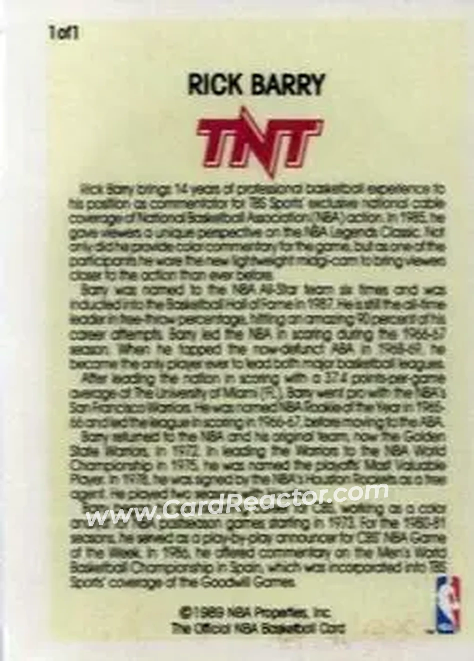 1989-90 Hoops - Announcers #NNO - Rick Barry - Back