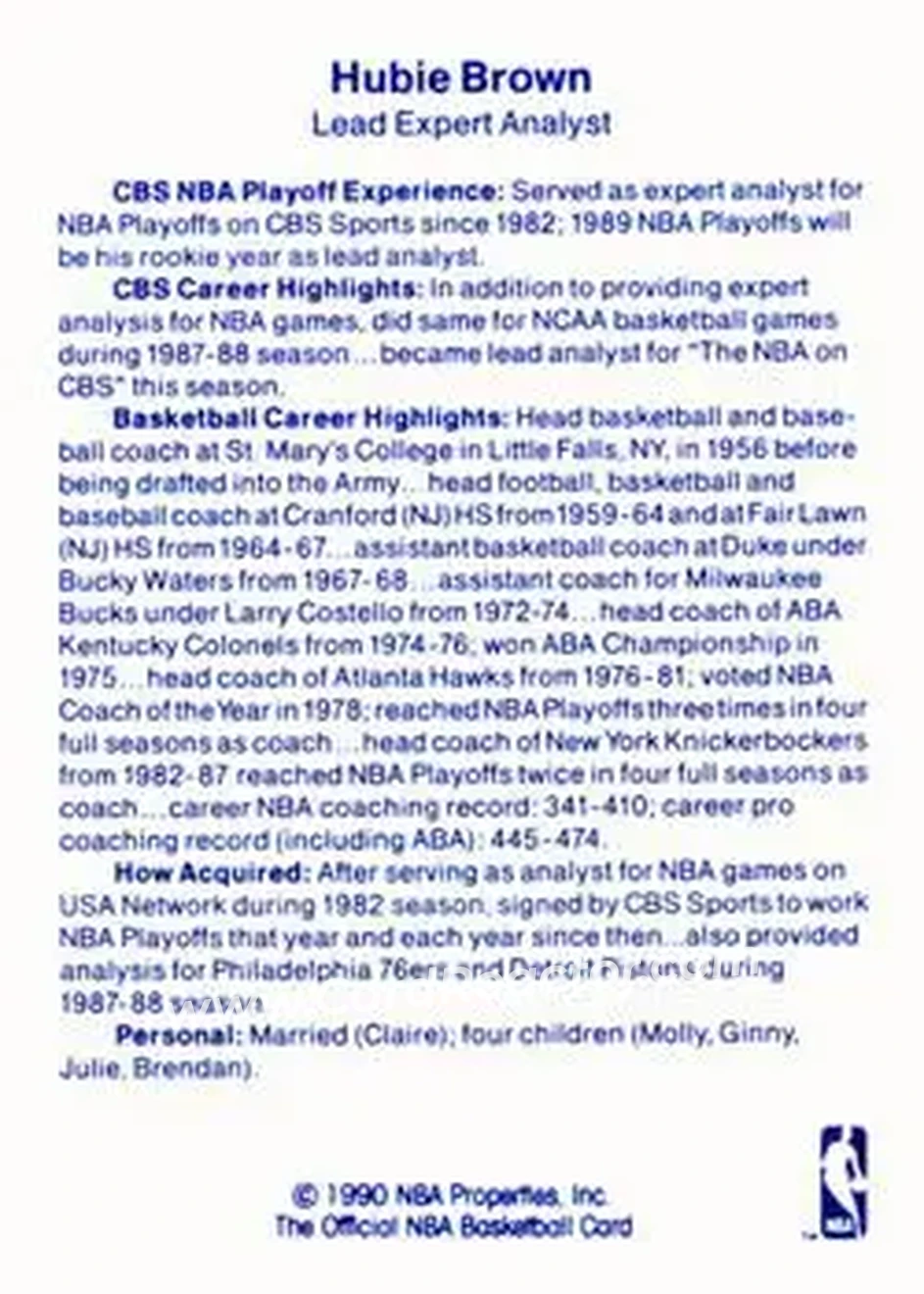 1989-90 Hoops - Announcers #NNO - Hubie Brown - Back