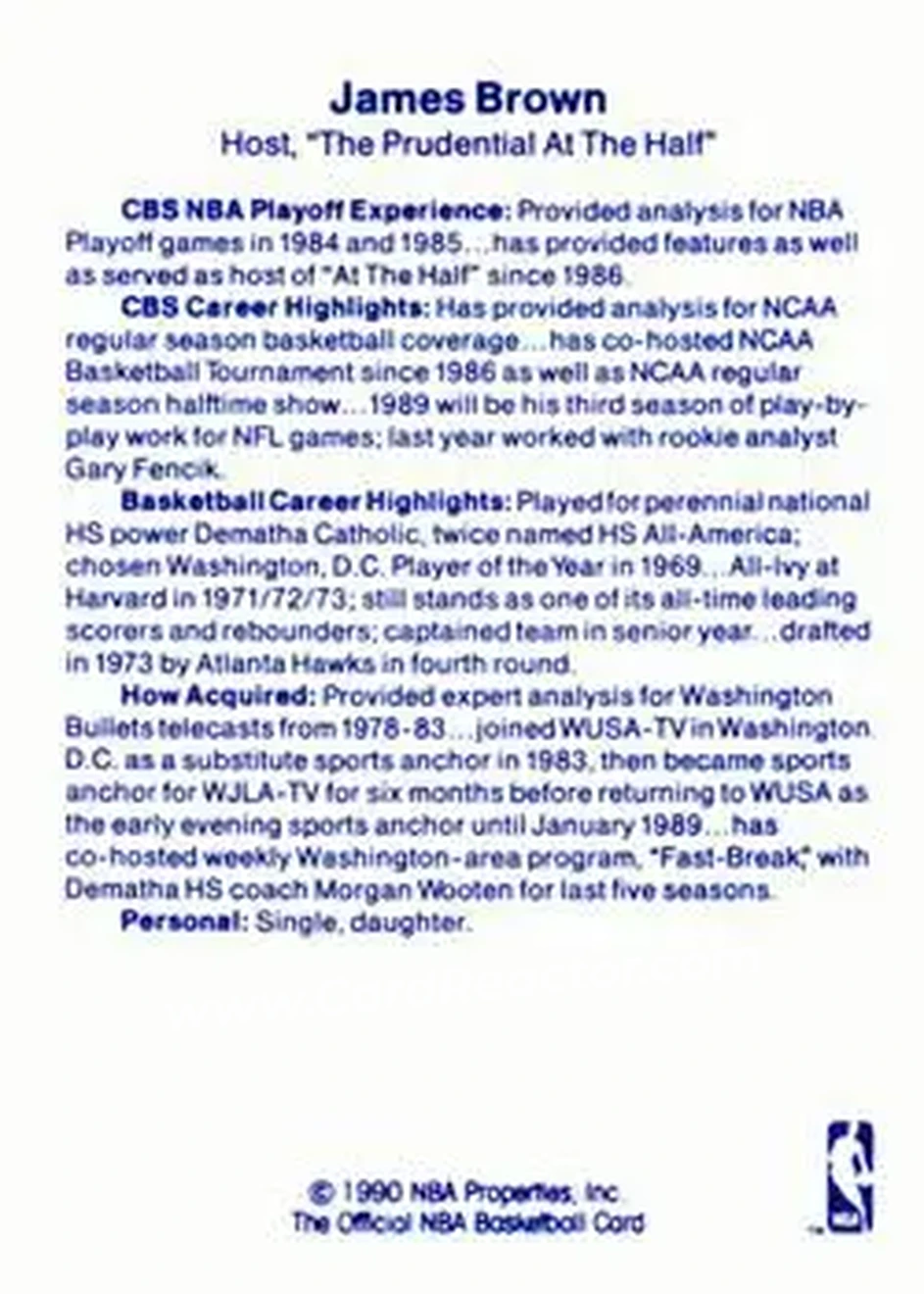 1989-90 Hoops - Announcers #NNO - James Brown - Back