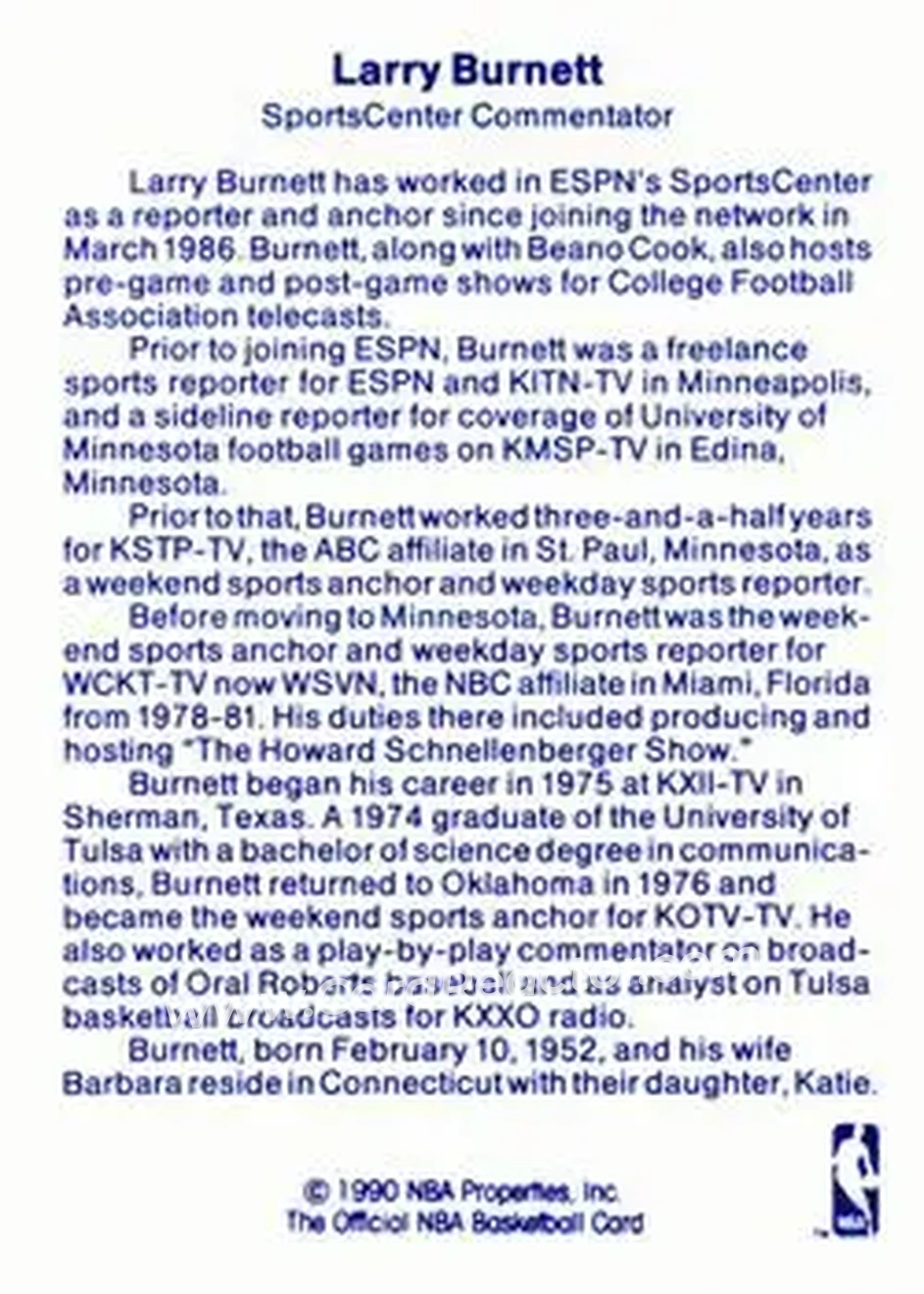 1989-90 Hoops - Announcers #NNO - Larry Burnett - Back