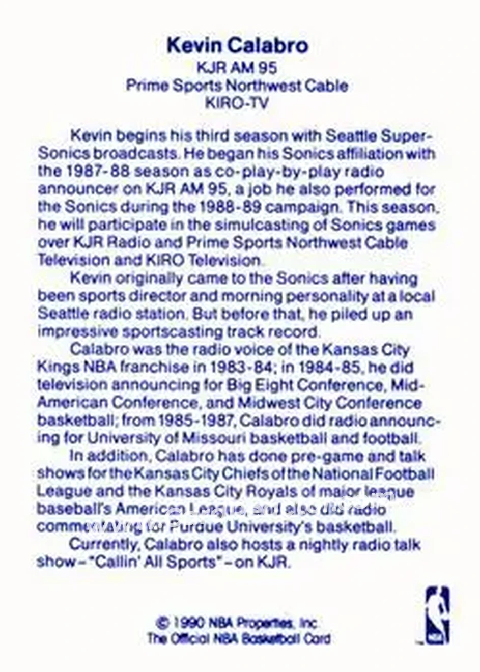 1989-90 Hoops - Announcers #NNO - Kevin Calabro - Seattle SuperSonics - Back