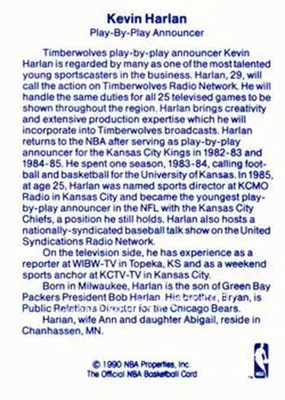1989-90 Hoops - Announcers #NNO - Kevin Harlan - Minnesota Timberwolves - Back