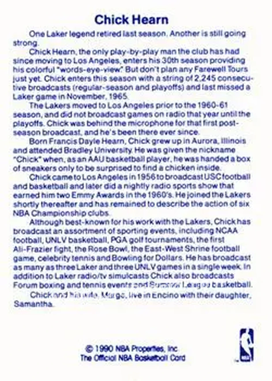 1989-90 Hoops - Announcers #NNO - Chick Hearn - Los Angeles Lakers - Back 1989-90 Hoops - Announcers #NNO - Chick Hearn - Los Angeles Lakers - Back
