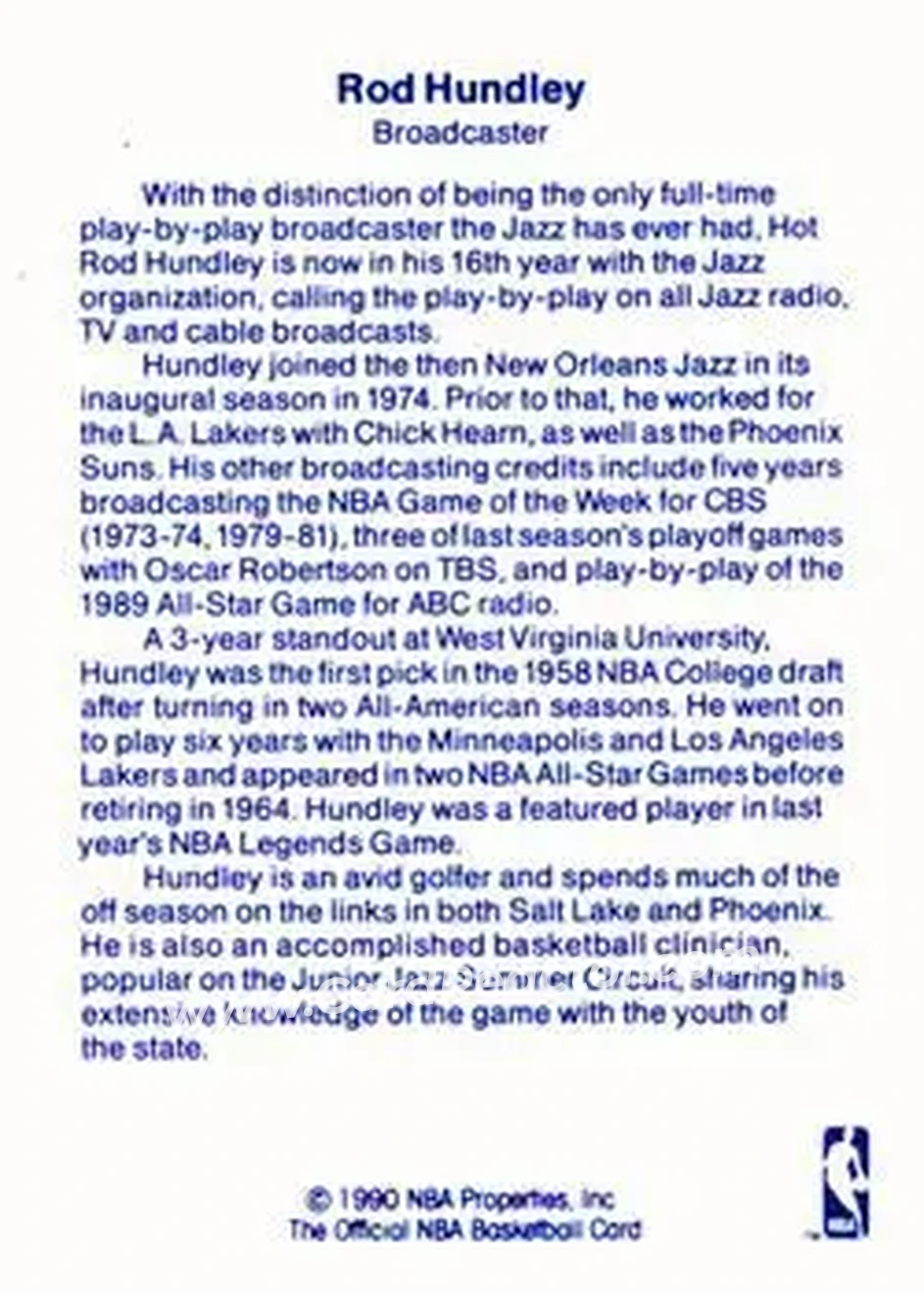 1989-90 Hoops - Announcers #NNO - Rod Hundley - Utah Jazz - Back