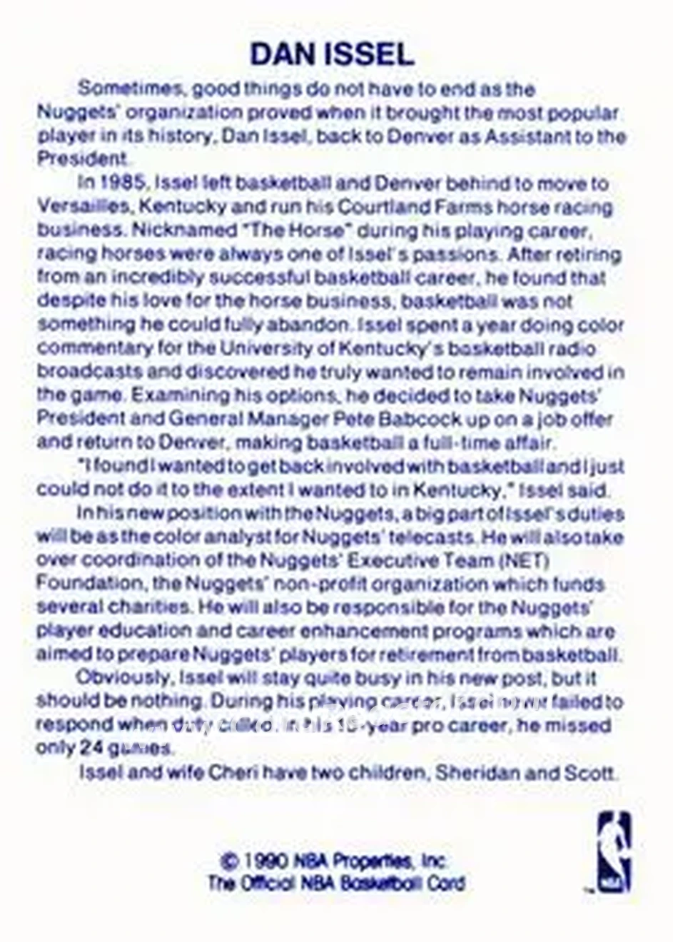 1989-90 Hoops - Announcers #NNO - Dan Issel - Denver Nuggets - Back 1989-90 Hoops - Announcers #NNO - Dan Issel - Denver Nuggets - Back