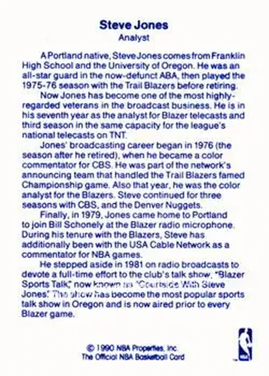 1989-90 Hoops - Announcers #NNO - Steve Jones - Portland Trail Blazers - Back