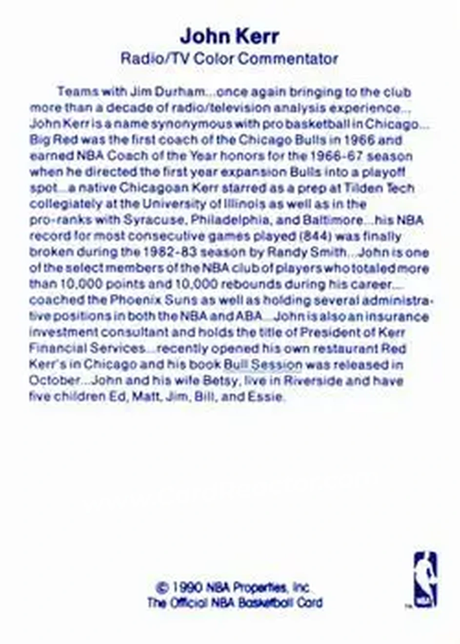 1989-90 Hoops - Announcers #NNO - John Kerr - Chicago Bulls - Back 1989-90 Hoops - Announcers #NNO - John Kerr - Chicago Bulls - Back