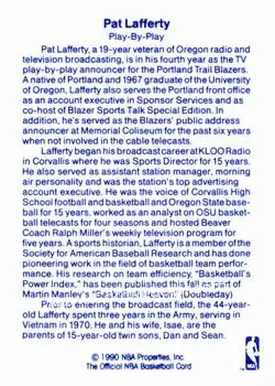 1989-90 Hoops - Announcers #NNO - Pat Lafferty - Portland Trail Blazers - Back