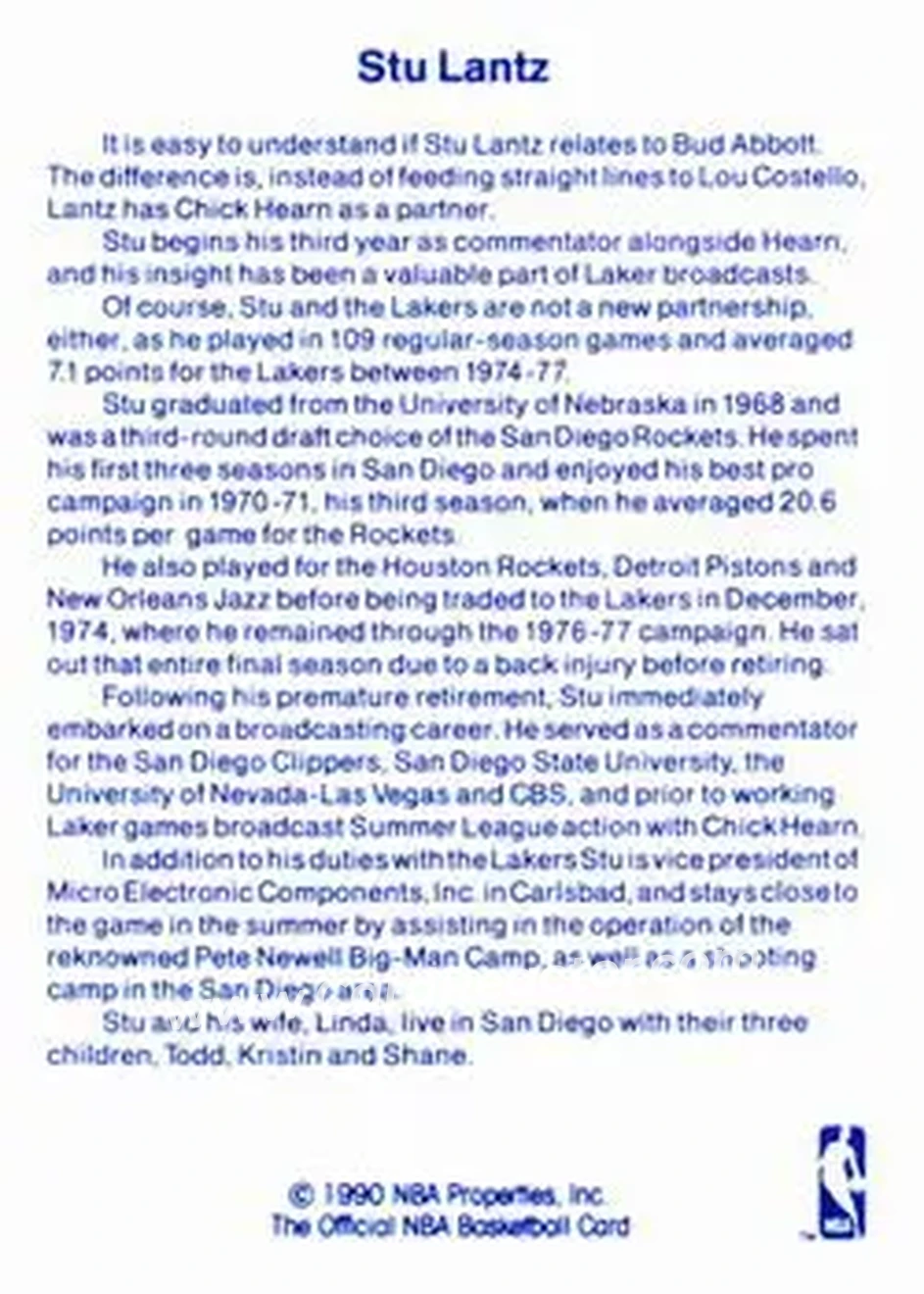 1989-90 Hoops - Announcers #NNO - Stu Lantz - Los Angeles Lakers - Back