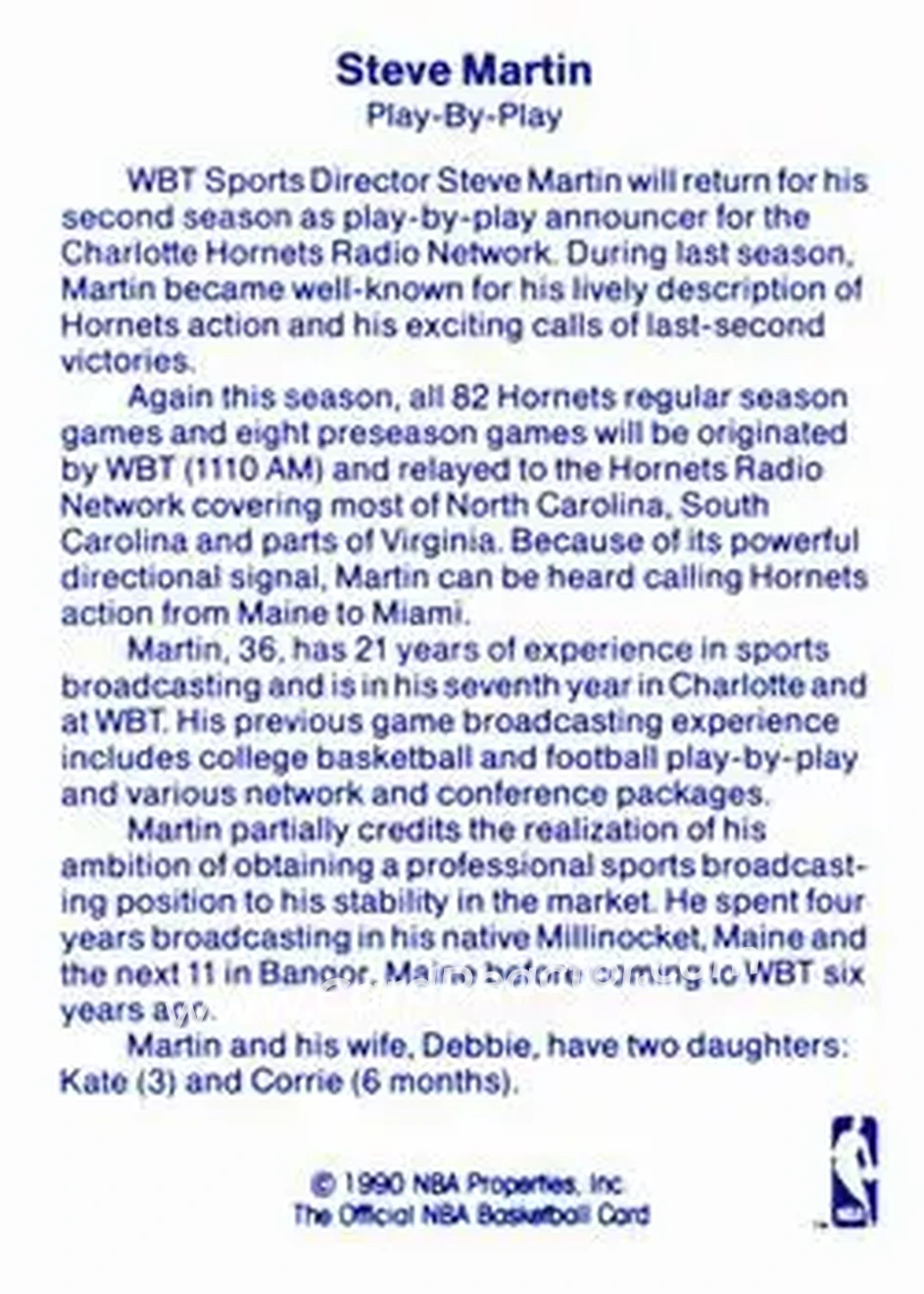 1989-90 Hoops - Announcers #NNO - Steve Martin - Charlotte Hornets - Back