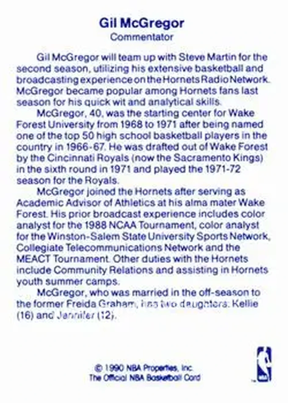 1989-90 Hoops - Announcers #NNO - Gil McGregor - Charlotte Hornets - Back
