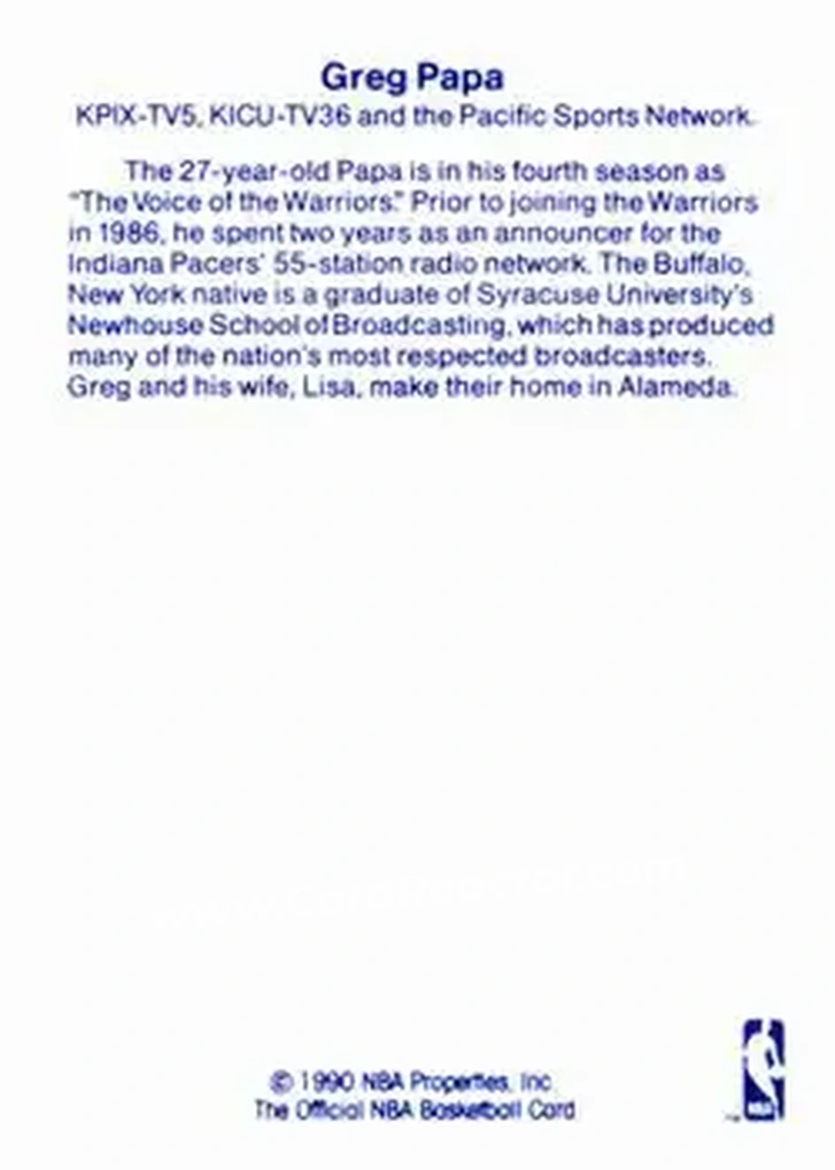 1989-90 Hoops - Announcers #NNO - Greg Papa - Golden State Warriors - Back