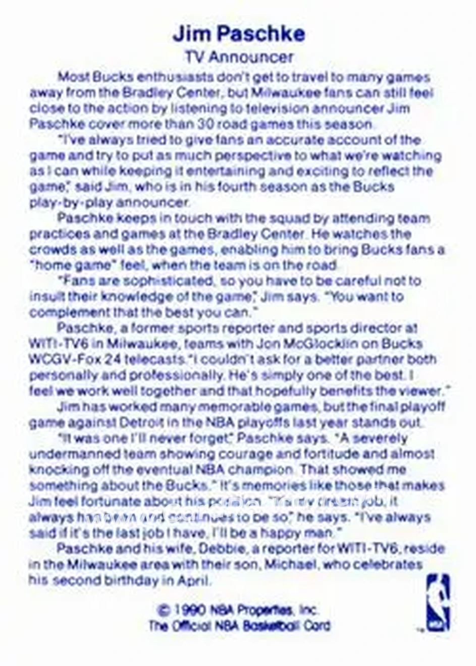 1989-90 Hoops - Announcers #NNO - Jim Paschke - Milwaukee Bucks - Back