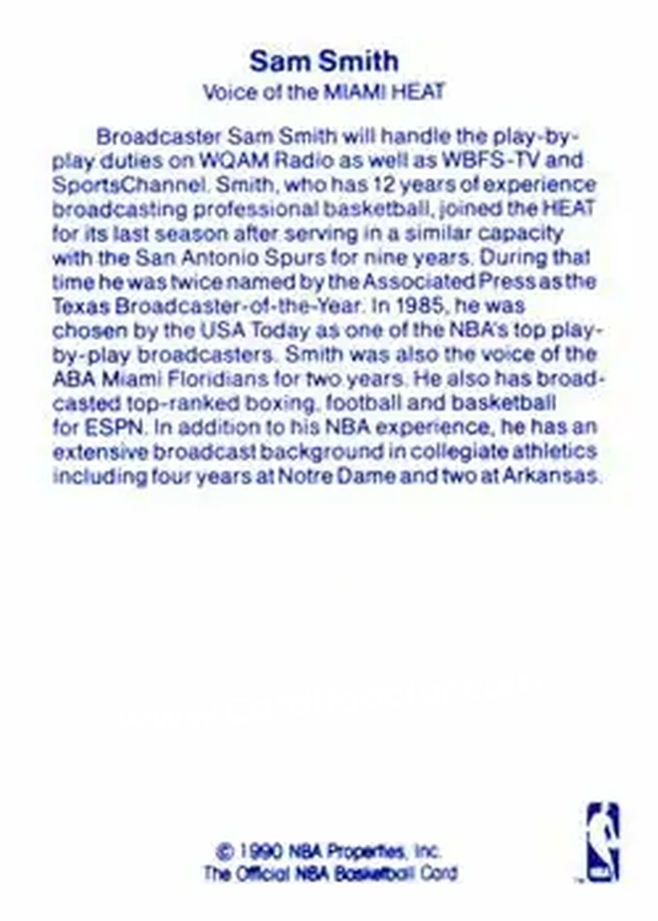 1989-90 Hoops - Announcers #NNO - Sam Smith - Miami Heat - Back