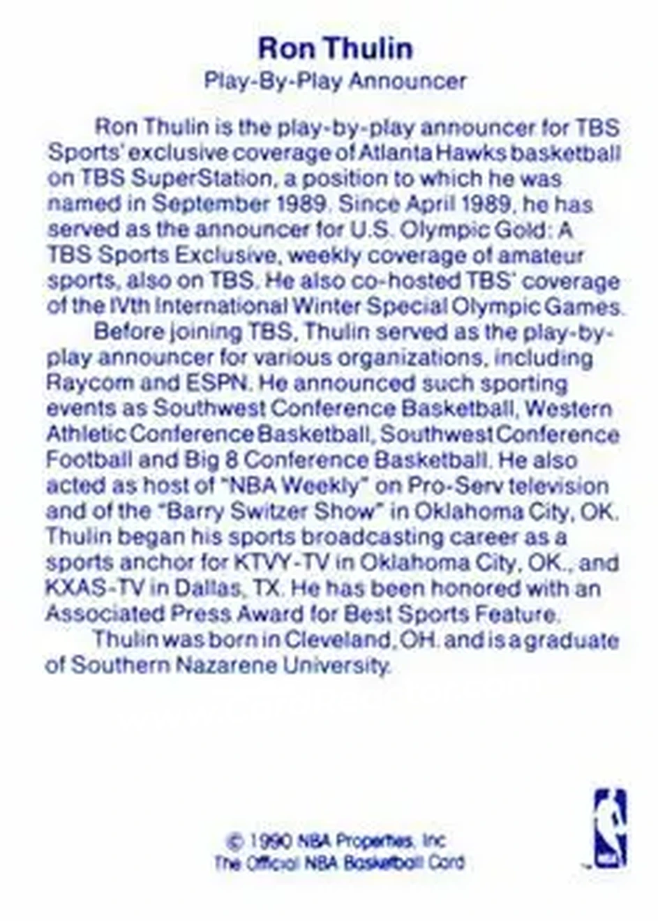 1989-90 Hoops - Announcers #NNO - Ron Thulin - Atlanta Hawks - Back
