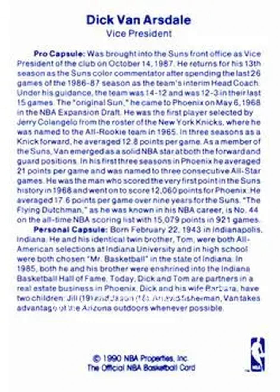 1989-90 Hoops - Announcers #NNO - Dick Van Arsdale - Phoenix Suns - Back
