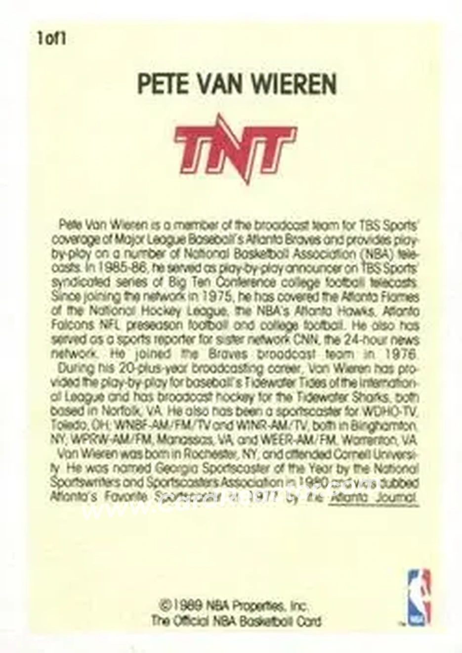 1989-90 Hoops - Announcers #NNO - Pete Van Wieren - Back