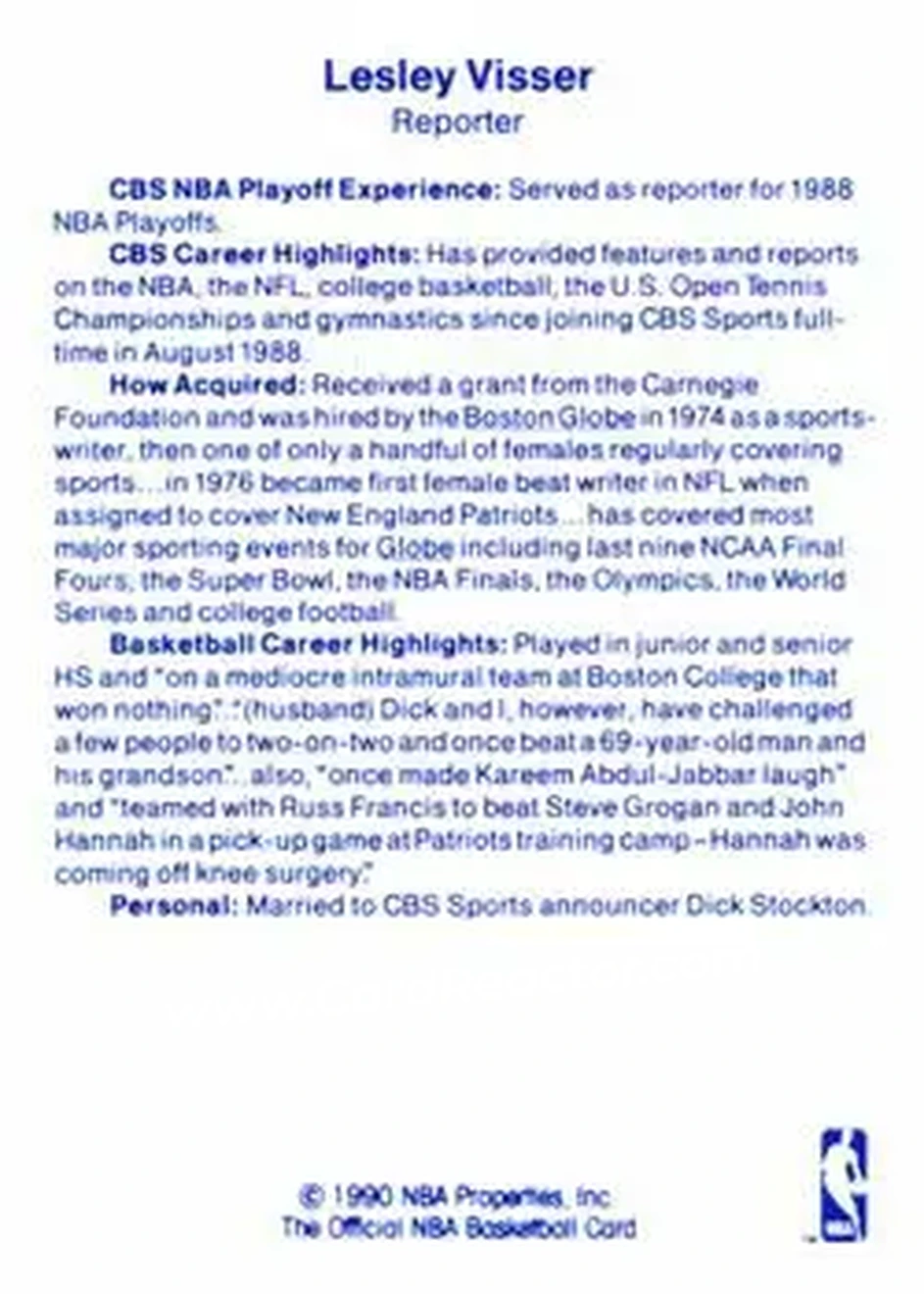 1989-90 Hoops - Announcers #NNO - Lesley Visser - Back