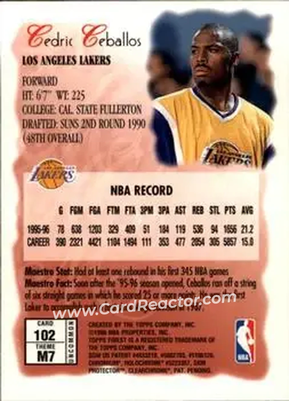 1996-97 Finest #102 - Cedric Ceballos - Los Angeles Lakers - Back