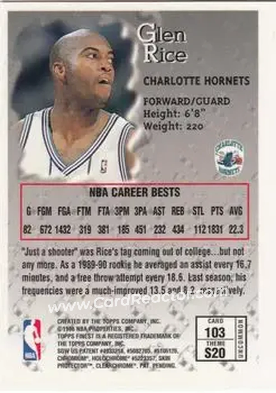 1996-97 Finest #103 - Glen Rice - Charlotte Hornets - Back