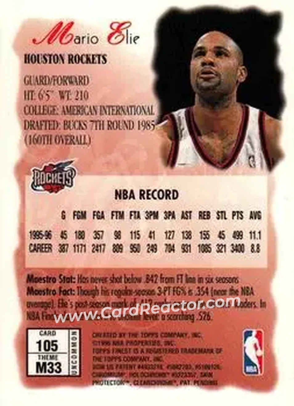 1996-97 Finest #105 - Mario Elie - Houston Rockets - Back