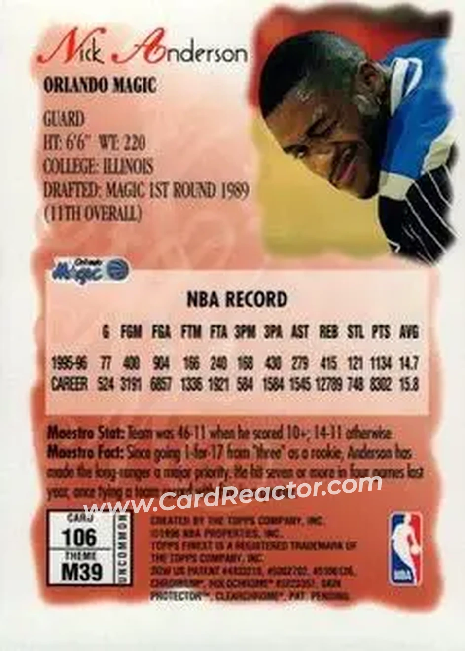1996-97 Finest #106 - Nick Anderson - Orlando Magic - Back