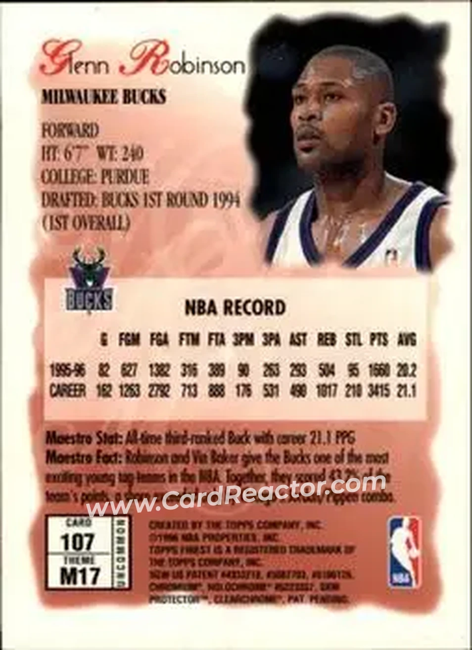 1996-97 Finest #107 - Glenn Robinson - Milwaukee Bucks - Back