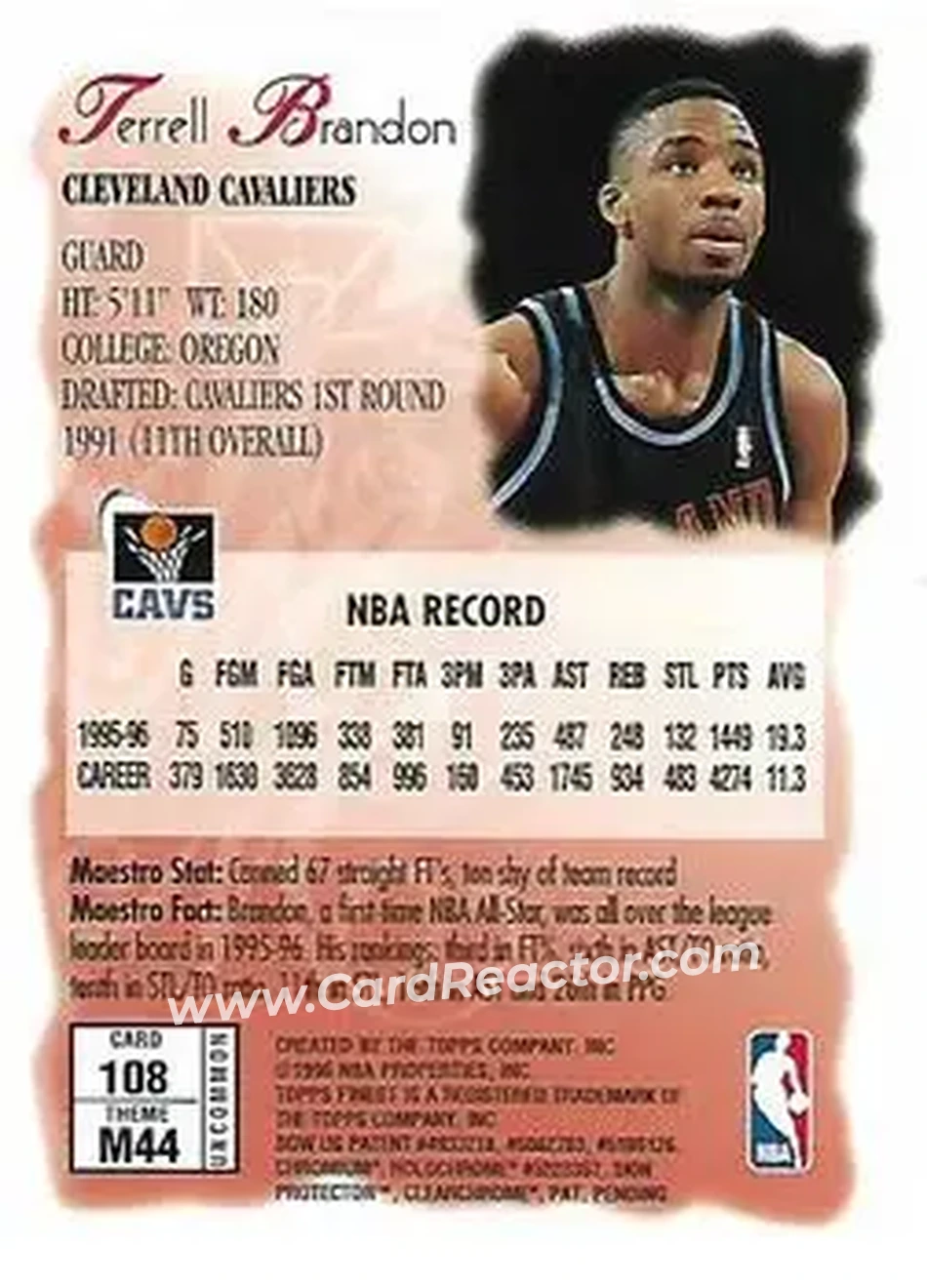 1996-97 Finest #108 - Terrell Brandon - Cleveland Cavaliers - Back