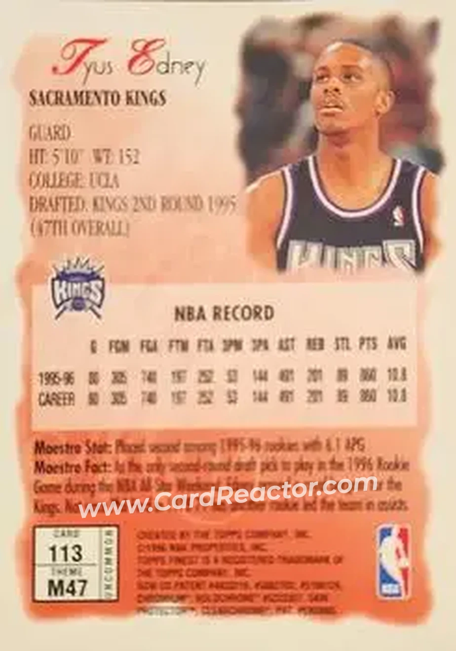 1996-97 Finest #113 - Tyus Edney - Sacramento Kings - Back 1996-97 Finest #113 - Tyus Edney - Sacramento Kings - Back