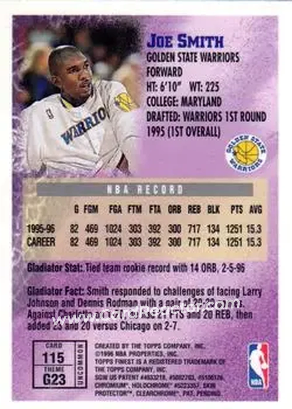 1996-97 Finest #115 - Joe Smith - Golden State Warriors - Back