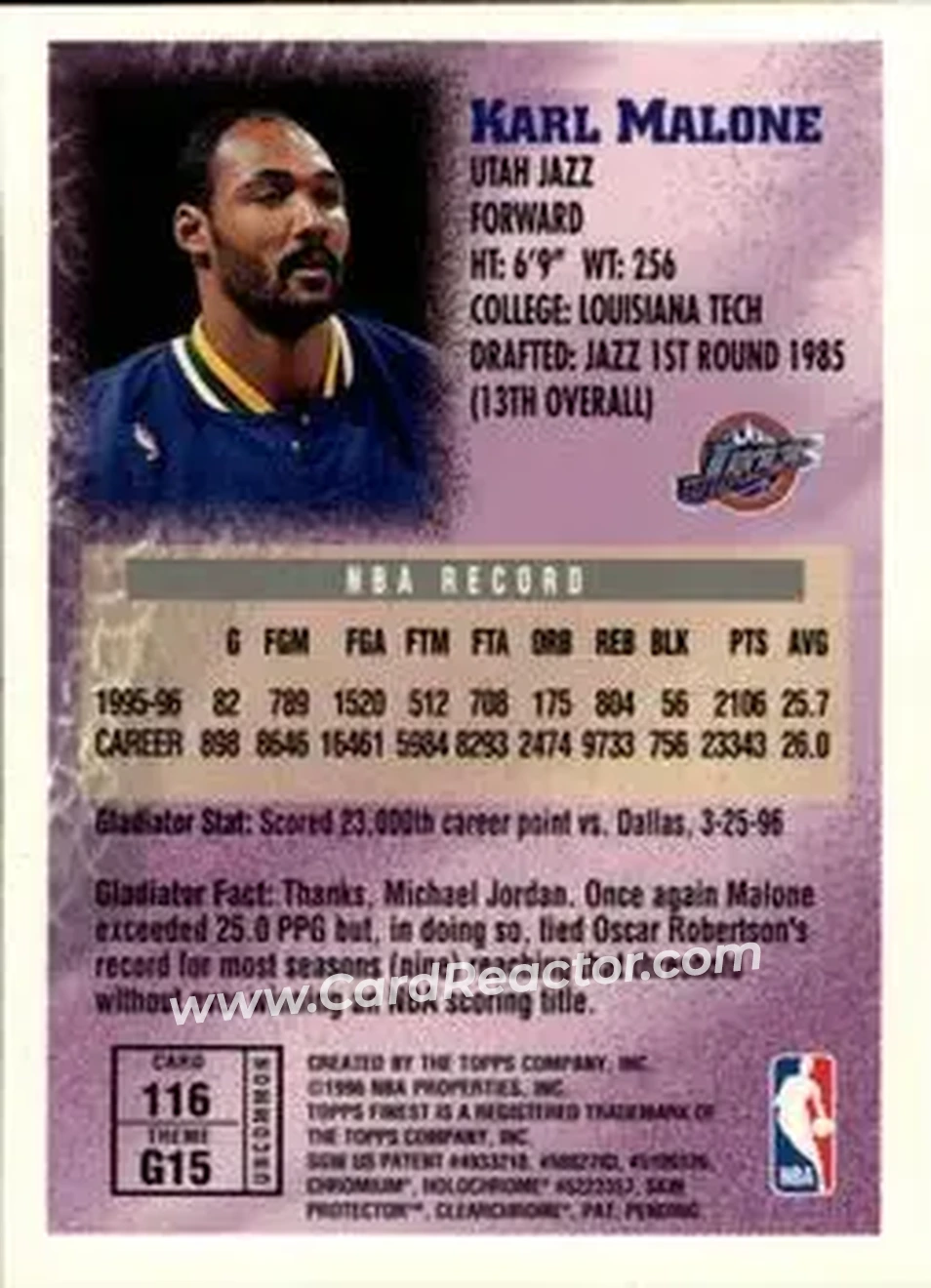 1996-97 Finest #116 - Karl Malone - Utah Jazz - Back 1996-97 Finest #116 - Karl Malone - Utah Jazz - Back