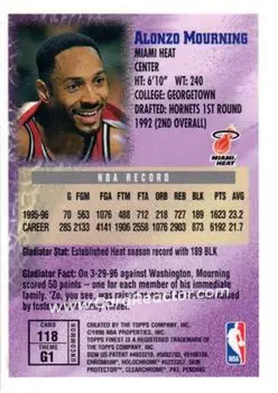 1996-97 Finest #118 - Alonzo Mourning - Miami Heat - Back