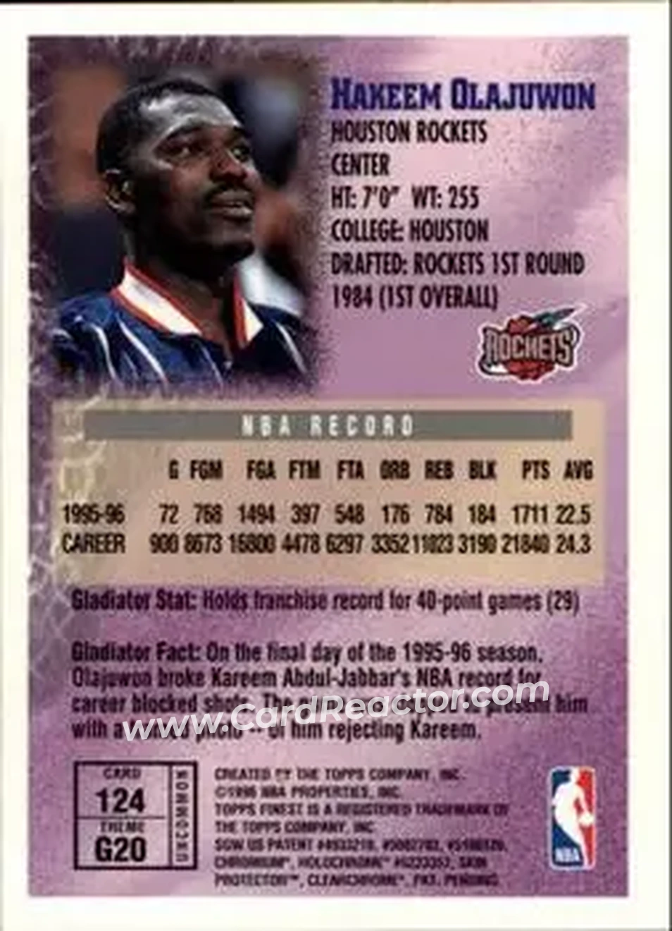 1996-97 Finest #124 - Hakeem Olajuwon - Houston Rockets - Back