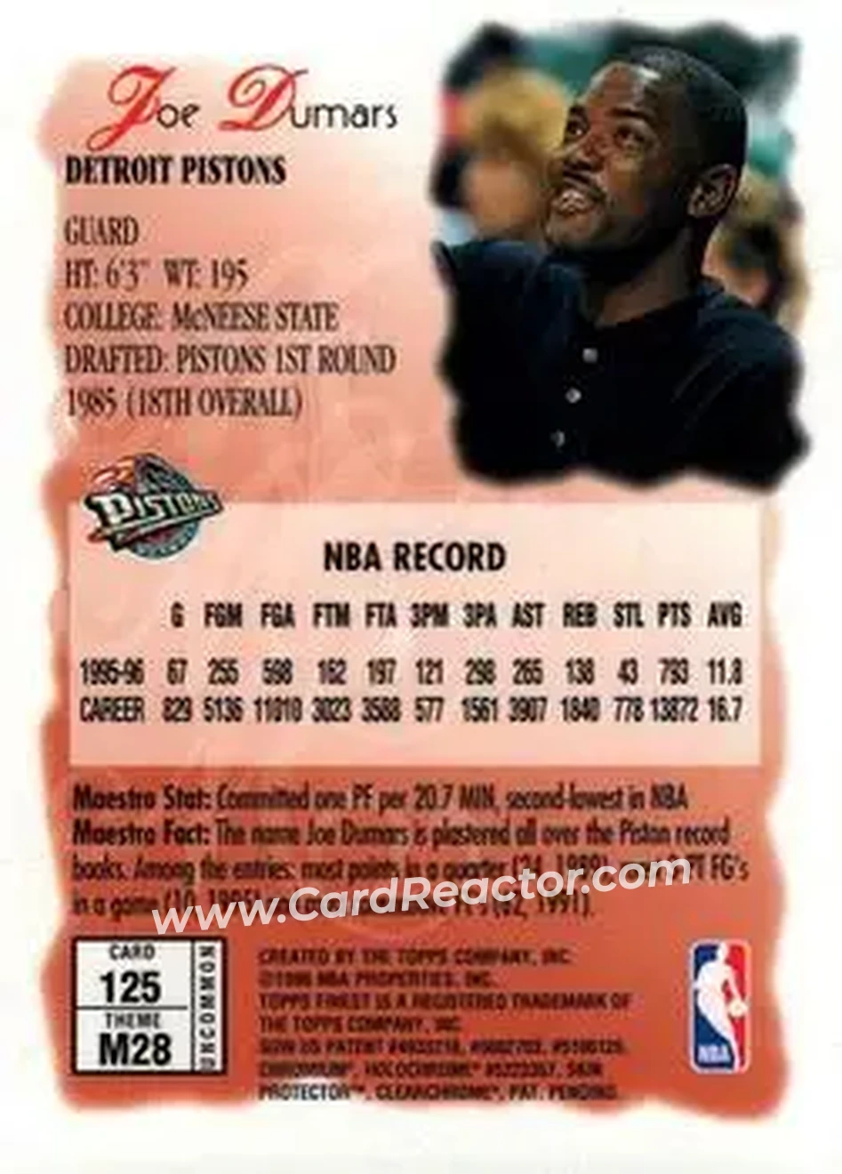 1996-97 Finest #125 - Joe Dumars - Detroit Pistons - Back