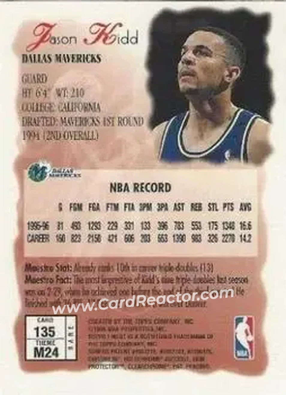 1996-97 Finest #135 - Jason Kidd - Dallas Mavericks - Back