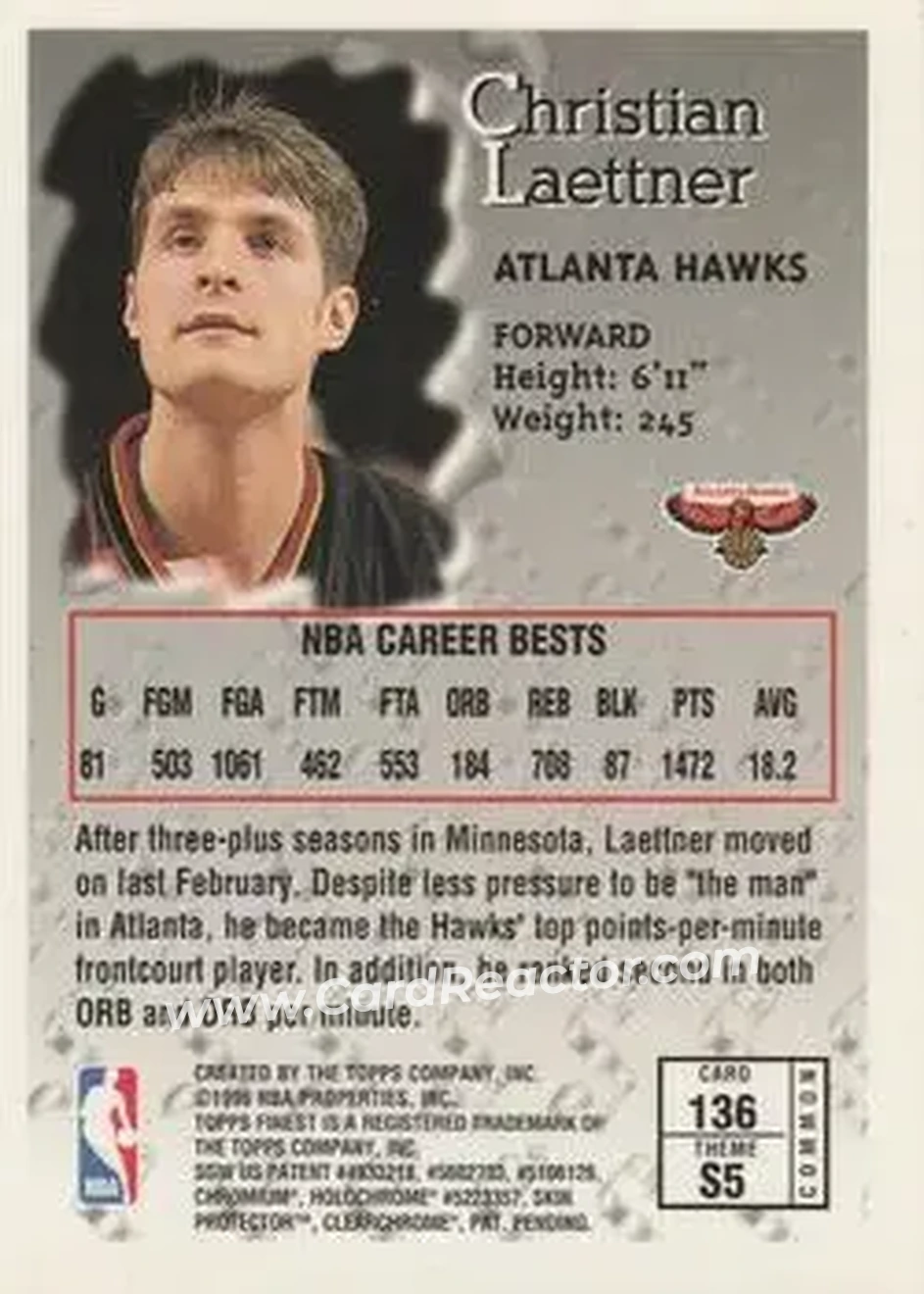 1996-97 Finest #136b - Christian Laettner - Atlanta Hawks - Back